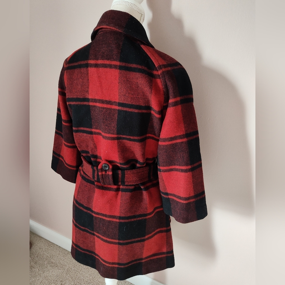 🥰 Vintage Y2K (2008) GAP Buffalo Plaid 3/4 Sleeve Mid Length Wool Pea Coat, SM - Picture 10 of 15